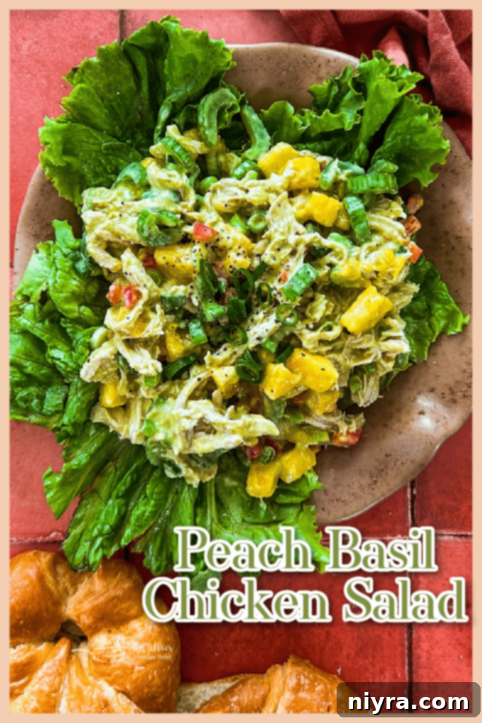 Graphic for Peach Basil Chicken Salad with an inviting design.