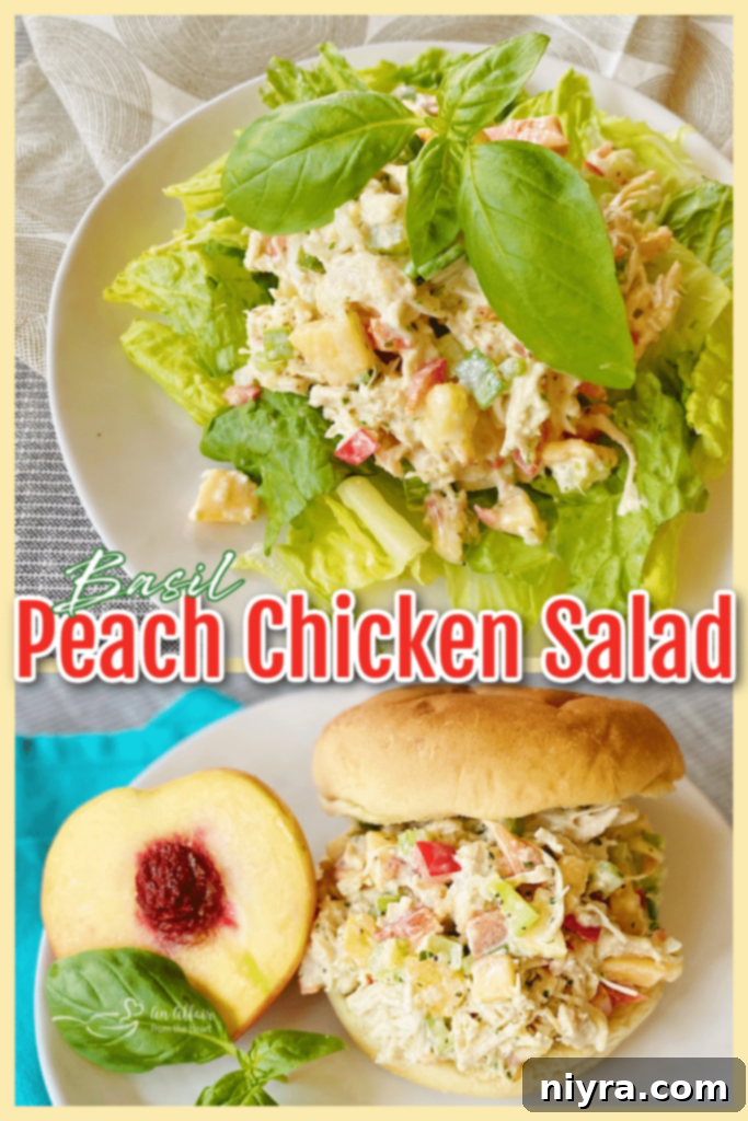Graphic for Peach Basil Chicken Salad with an inviting design.