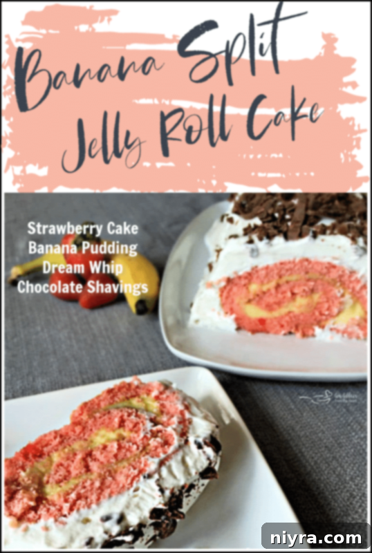 Banana Split Swirl Cake 5 A beautifully sliced Banana Split Jelly Roll Cake, highlighting its internal spiral, ready to be enjoyed.