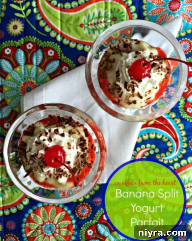 Banana Split Swirl Cake 6 A refreshing Banana Split Yogurt Parfait in a glass, layered with yogurt, fruit, and toppings.