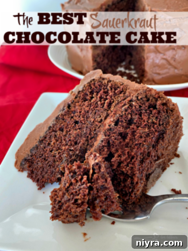 Hero shot of The BEST Sauerkraut Chocolate Cake, glistening with frosting.