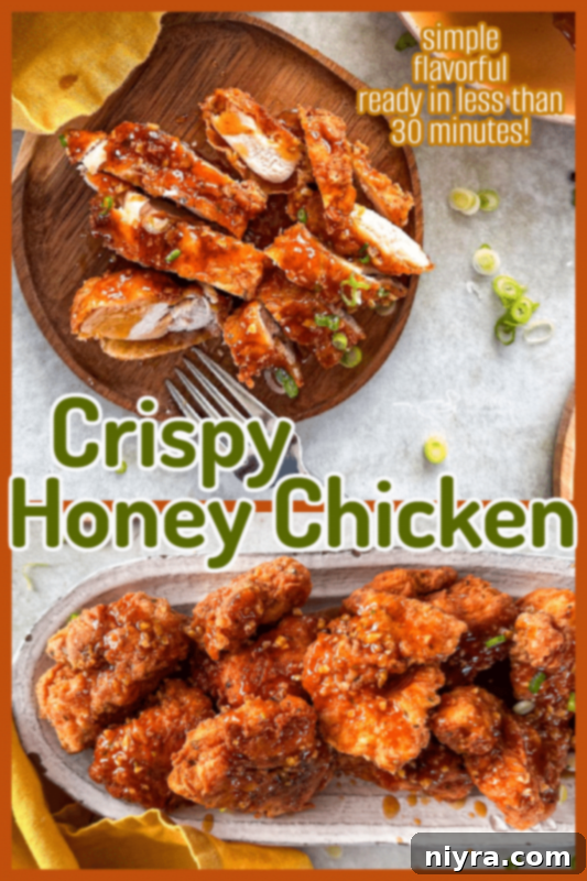 Pinterest graphic: Crispy Honey Chicken - An Affair from the Heart, with a stack of golden chicken pieces.