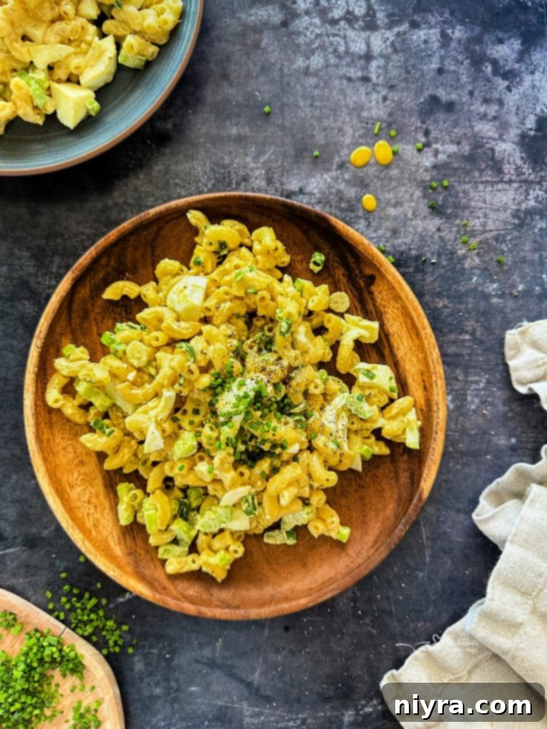 A Pinterest-friendly image of Mom's Macaroni Salad, encouraging readers to save the recipe.