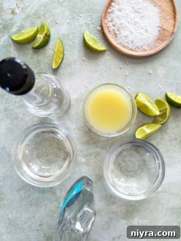Ingredients for El Bee's Margarita laid out on a table