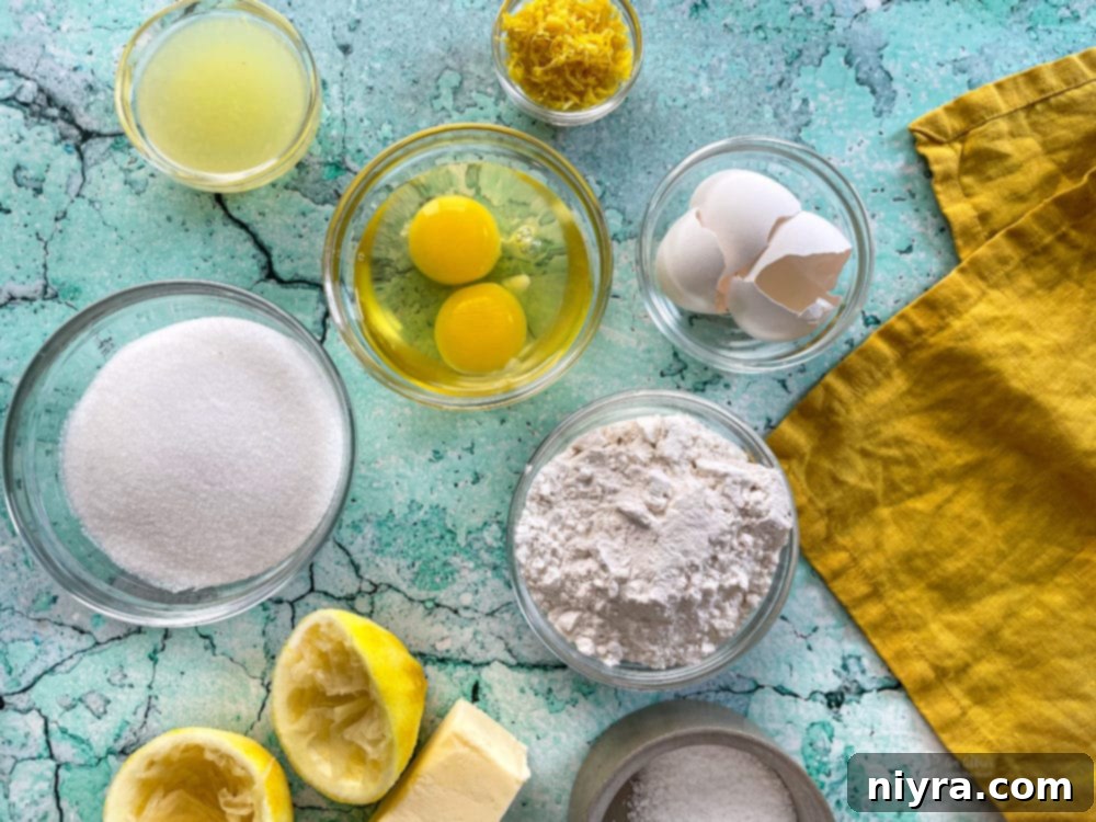 Collection of fresh lemons, butter, eggs, flour, sugar, and salt—the core ingredients for lemon brownies