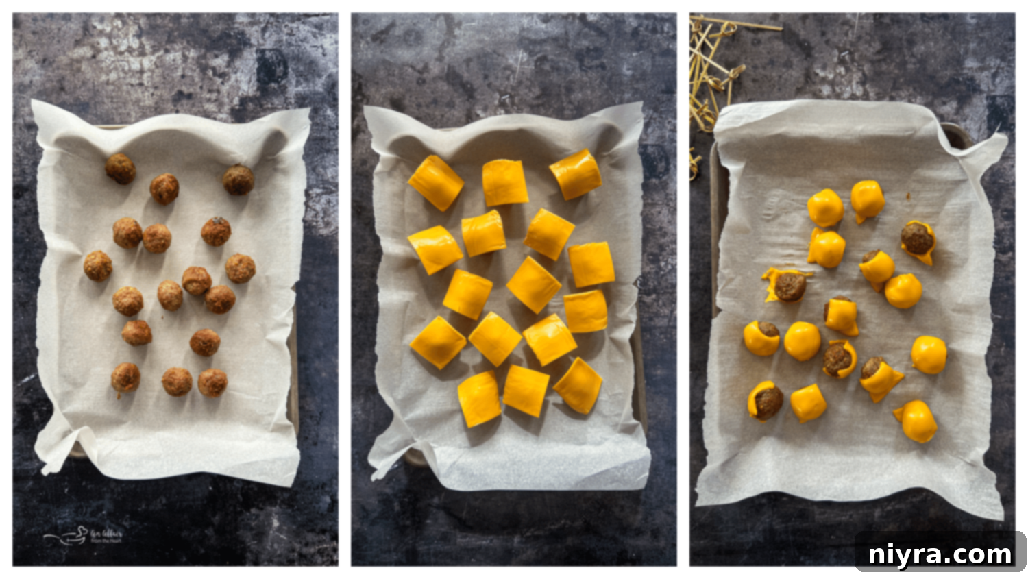 Overhead shot of frozen meatballs on a baking sheet