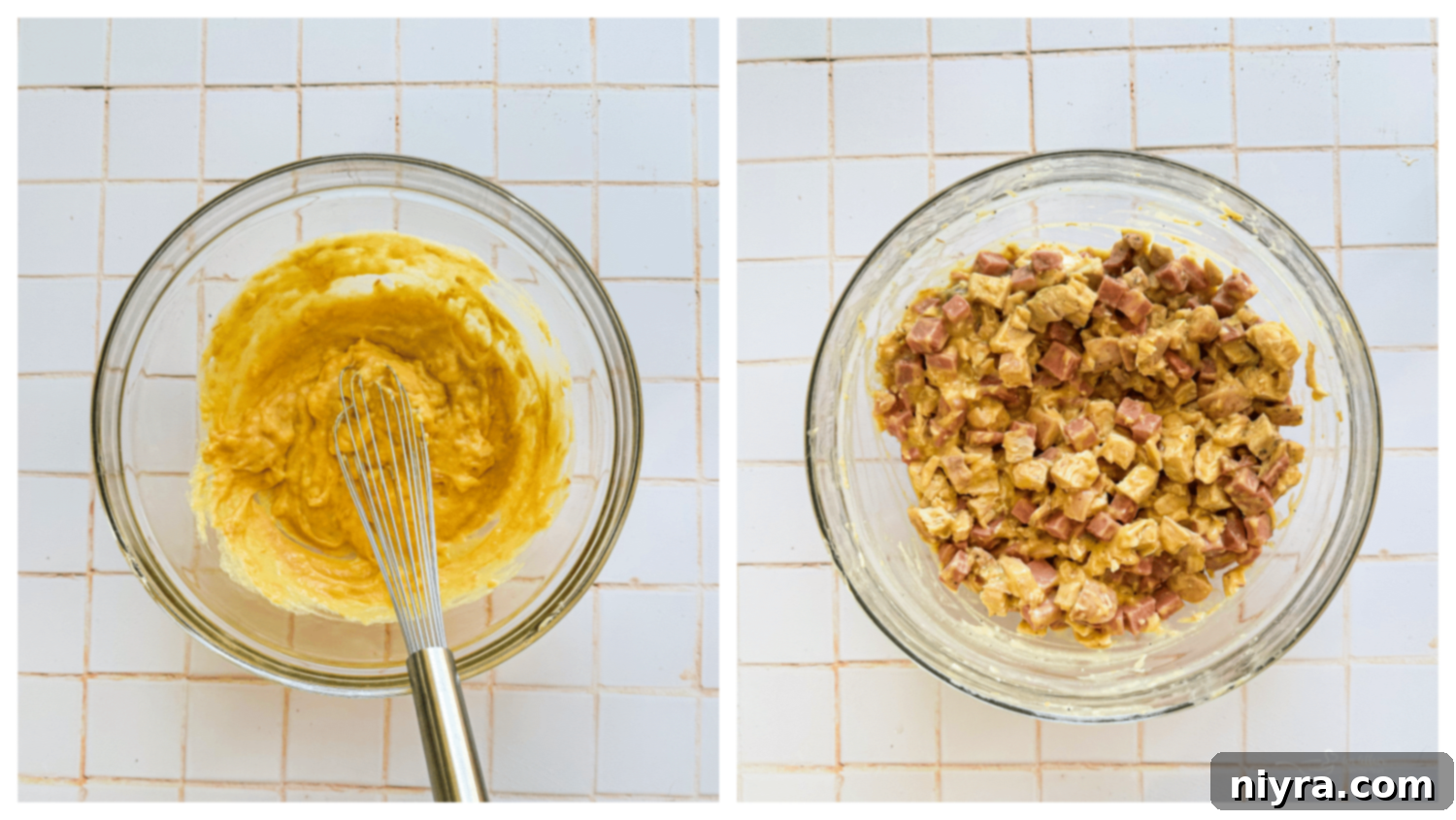 Ham and Swiss Chicken Bake 6 A bowl with cream of chicken soup and Dijon mustard being whisked together, showing the creamy consistency.