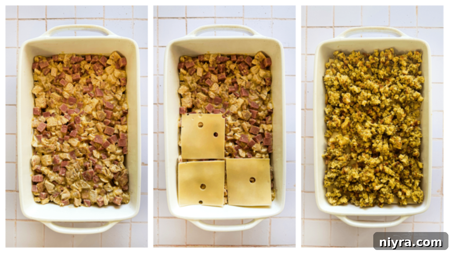 Ham and Swiss Chicken Bake 7 A large bowl containing cooked chicken and diced ham coated in a creamy sauce.