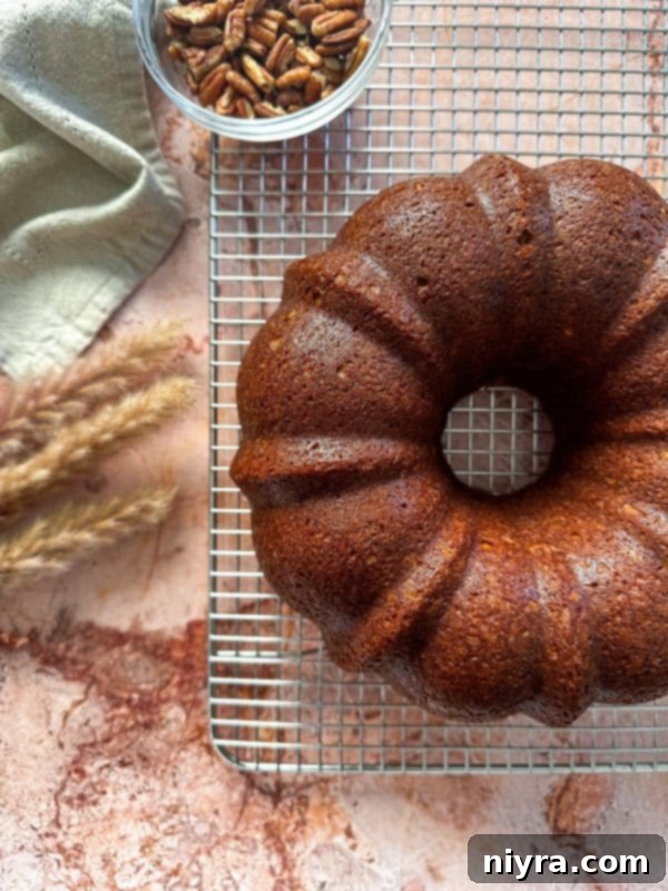 Cinderella Pumpkin Bundt Cake with Cream Cheese Frosting 11 Pouring pumpkin cake batter into a greased bundt pan