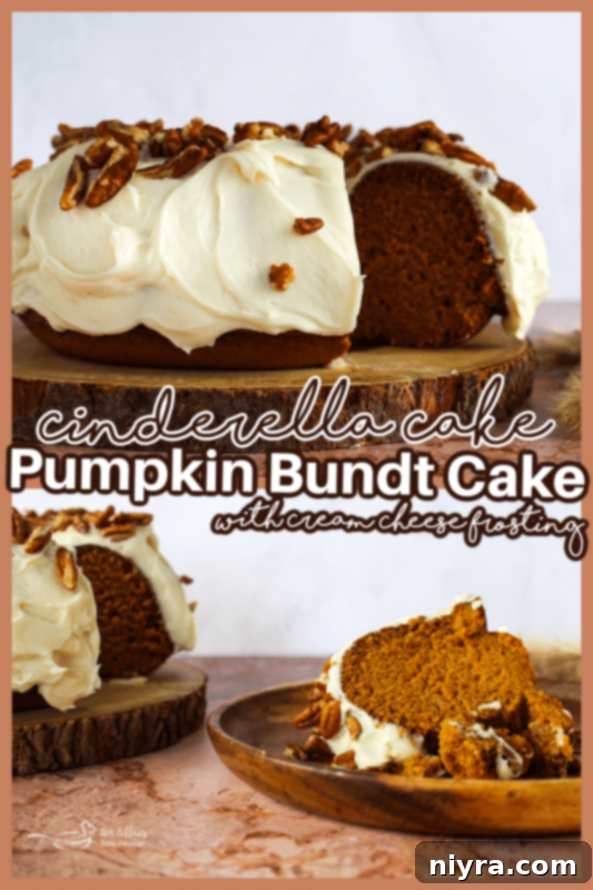 Cinderella Pumpkin Bundt Cake with Cream Cheese Frosting 15 An overhead shot of a delightful Pumpkin Bundt Cake, generously covered in cream cheese frosting and sprinkled with chopped pecans.