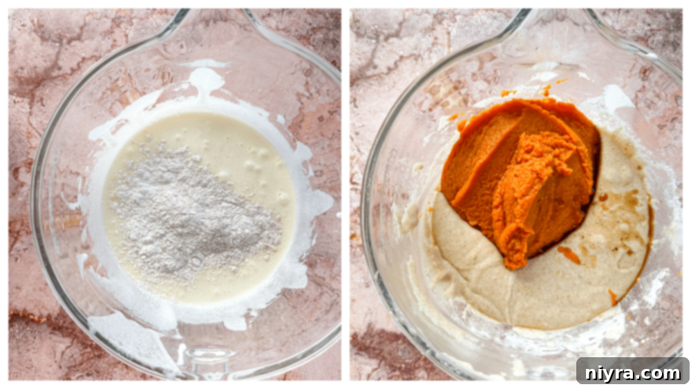 Cinderella Pumpkin Bundt Cake with Cream Cheese Frosting 8 Gradually mixing dry ingredients into the wet mixture for pumpkin bundt cake