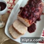Overhead view of Pork Loin Roast with Balsamic Cranberry Sauce