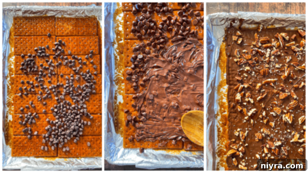 Process of melting chocolate chips on warm toffee graham crackers, spreading, and topping with pecans.