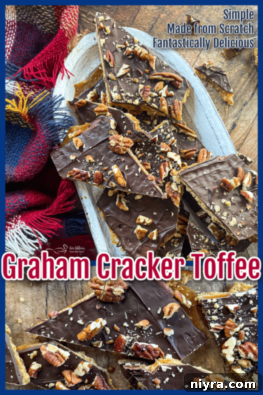Two images of delicious graham cracker toffee brittle with pecans on a white oval plate, showcasing presentation.