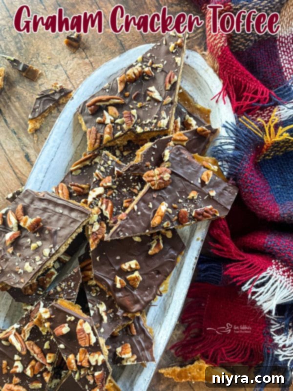 Graham cracker toffee brittle with pecans and melted chocolate on a white oval plate, invitingly presented.