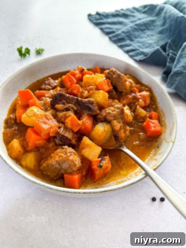 Hearty Mulligan Stew served in a bowl, showcasing tender beef, carrots, and potatoes.