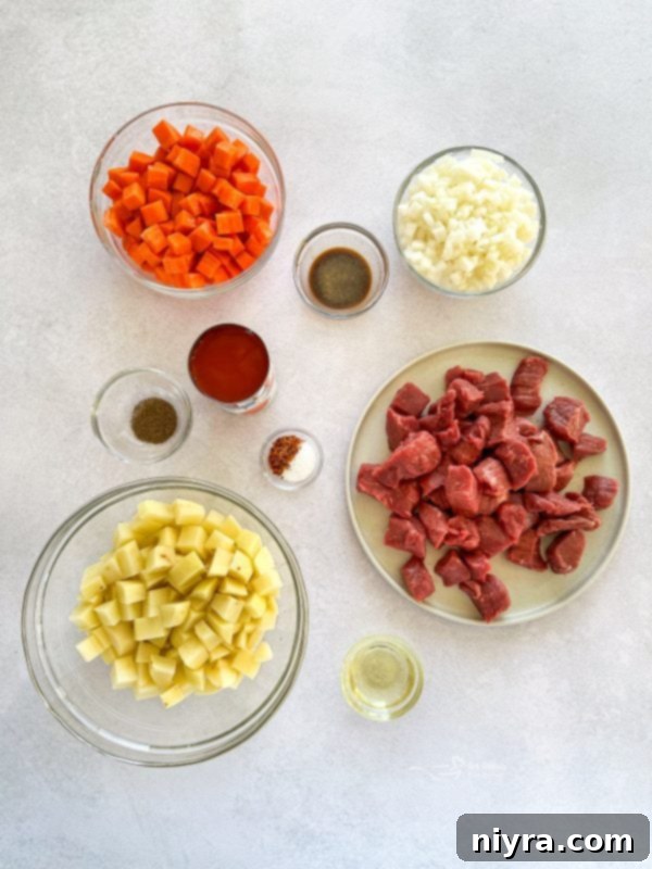 Another perspective of Mulligan Beef Stew, highlighting the rich texture and hearty vegetables.