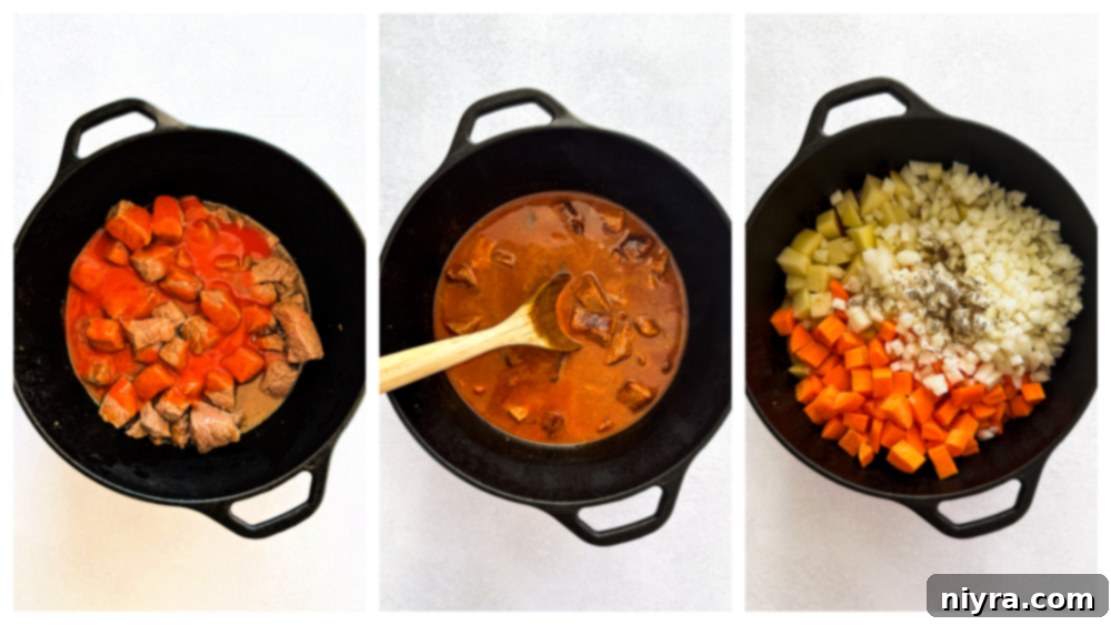 Beef stew meat browning in a Dutch oven, a crucial first step for flavor development.