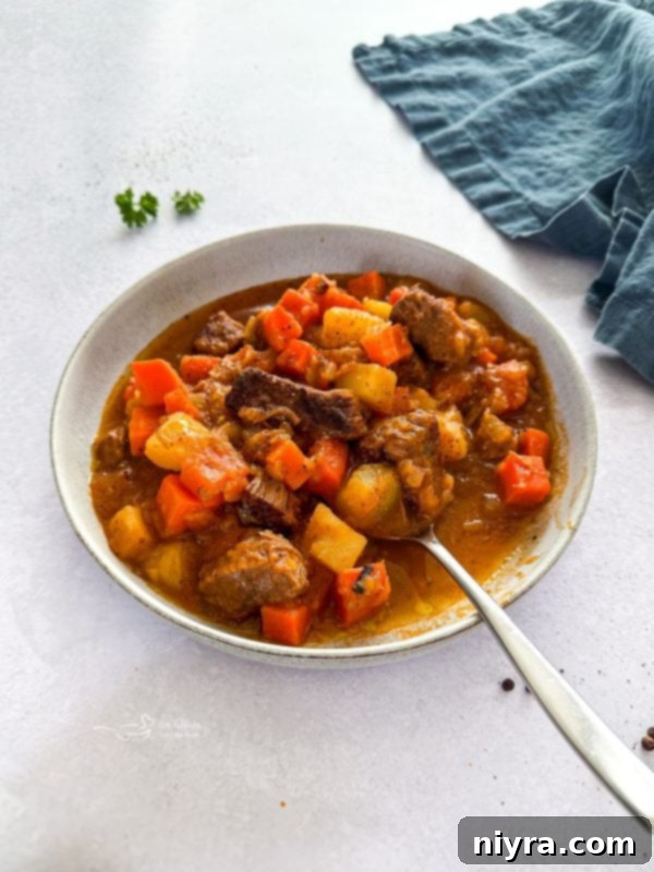 Mulligan Stew with a hearty serving of beef, potatoes, and carrots in a rich broth.