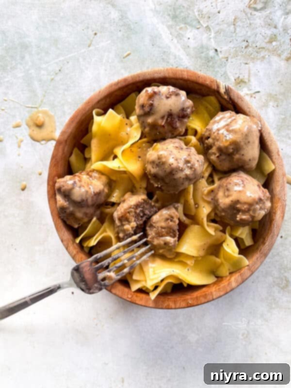 A beautifully plated dish of Swedish Meatballs with fresh dill.
