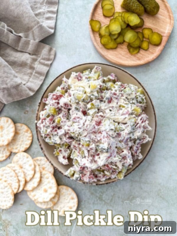 Beautifully garnished Dill Pickle Dip in a bowl