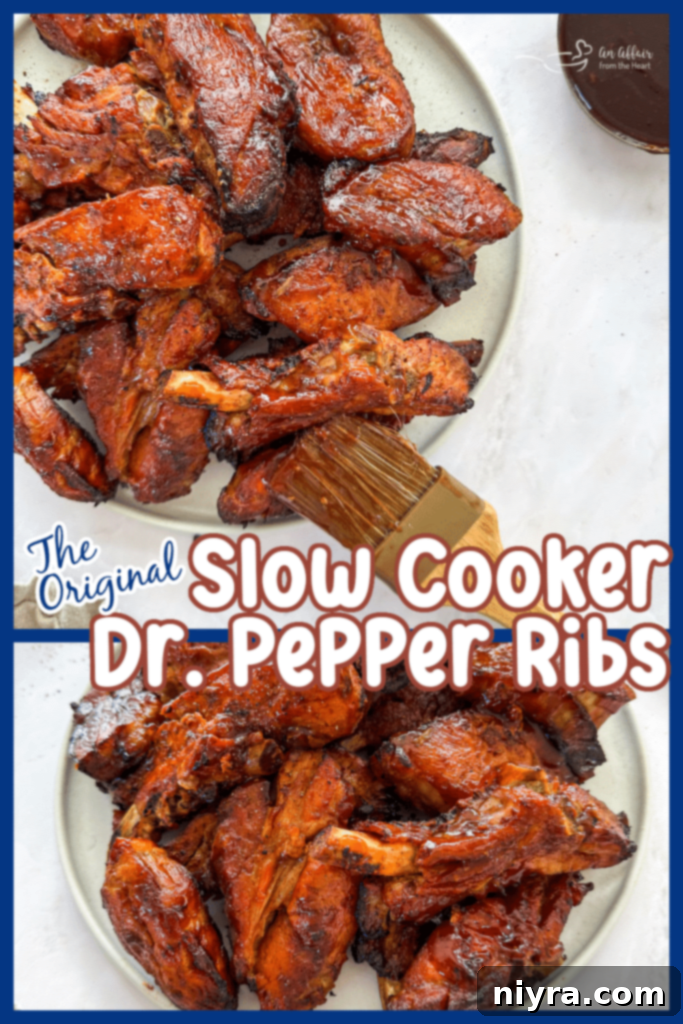 A generous serving of Slow Cooker Dr. Pepper Ribs on a white plate, with a full bowl of sauce.