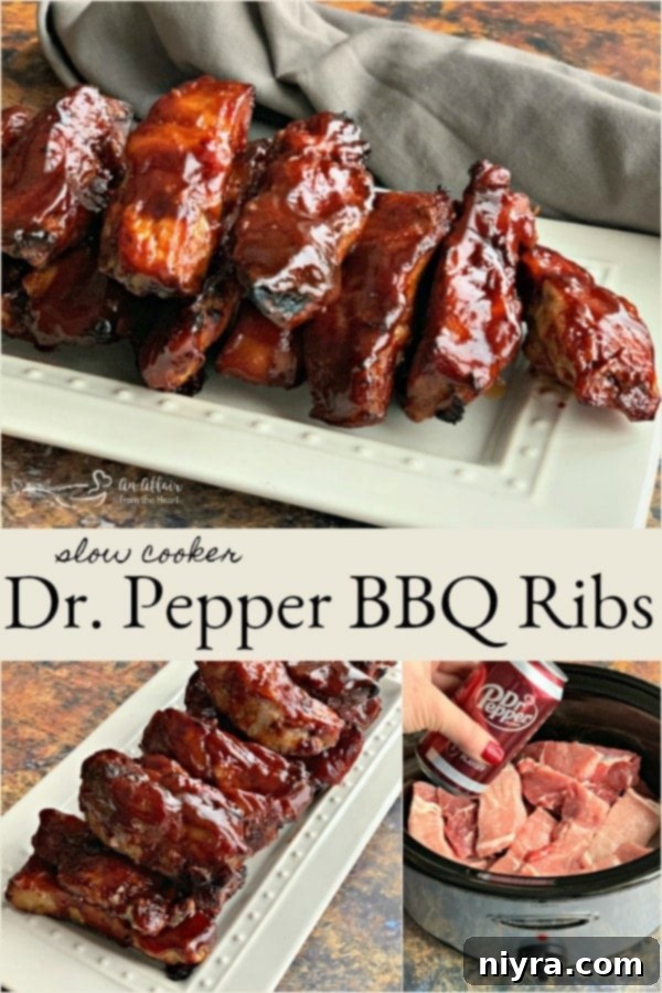 A large serving platter piled high with Slow Cooker Dr. Pepper BBQ Ribs, ready to be enjoyed.