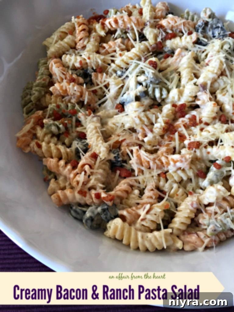 Decadent Bacon Ranch Pasta Salad 2 Vibrant Tri-Colored Rotini Pasta Salad with Bacon and Creamy Ranch Dressing