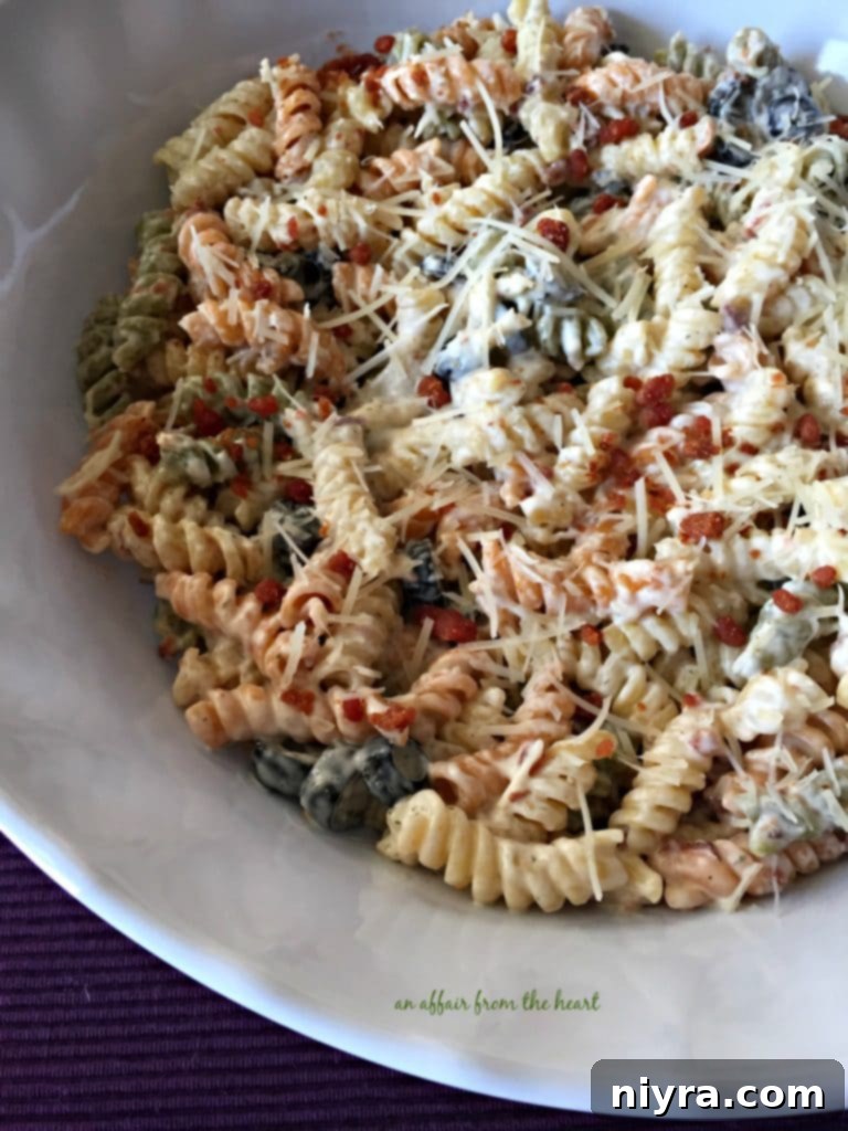 Decadent Bacon Ranch Pasta Salad 4 Serving Bowl of Creamy Bacon and Ranch Pasta Salad with Fresh Herbs