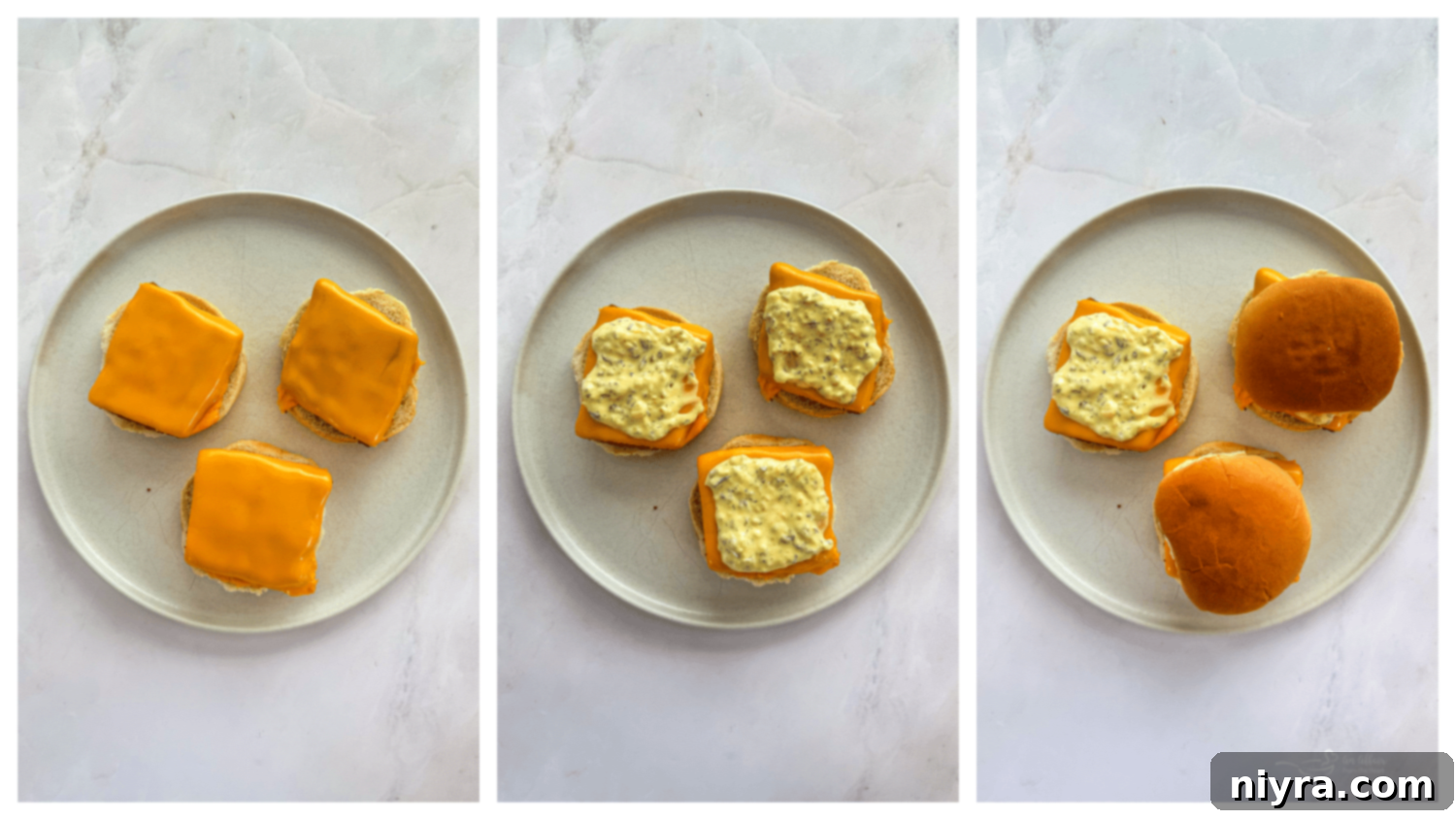 Assembling a Filet-O-Fish sandwich: fish patty with cheese on the bottom bun, topped with tartar sauce.