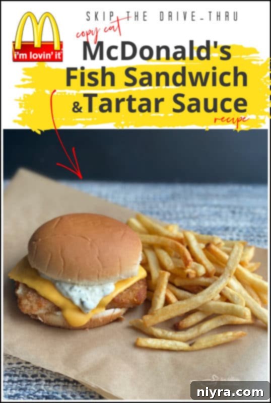 Promotional graphic for a fish sandwich recipe.
