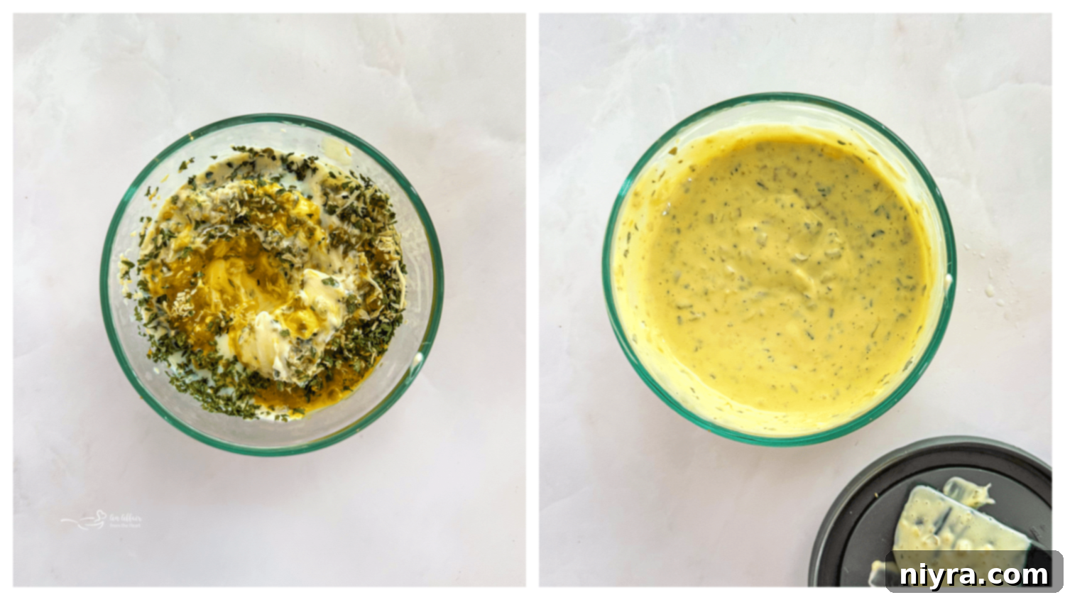 A bowl of freshly prepared tartar sauce with ingredients visible, ready to be refrigerated.