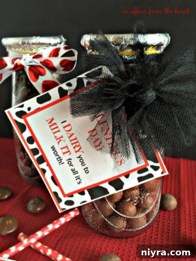 Closeup of 'I Dairy You to Milk It' Valentine in a Glass Bottle