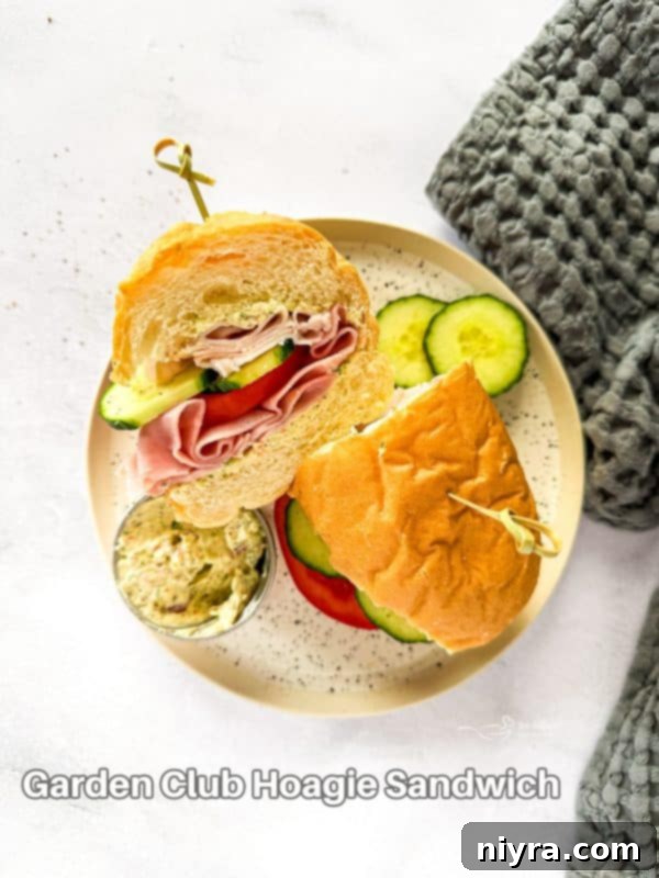 The hero shot of the Garden Club Hoagie Sandwich, showcasing its irresistible appeal.