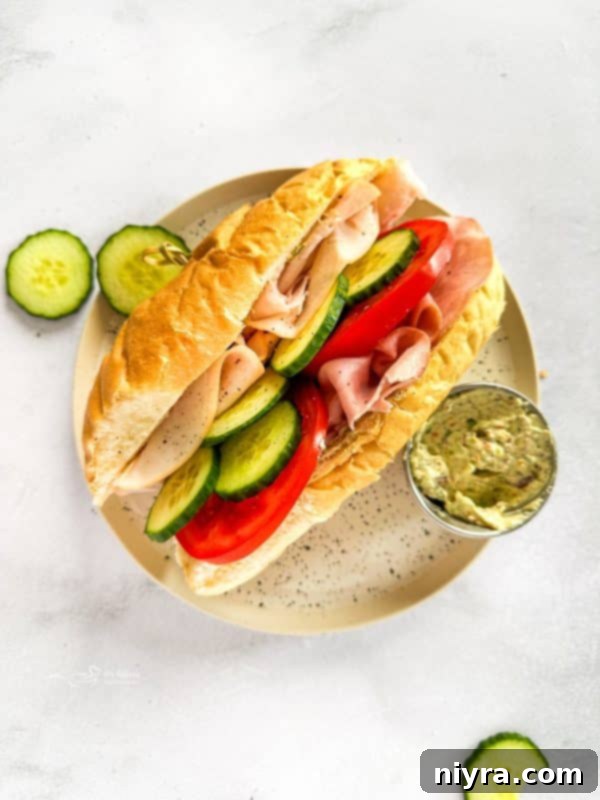 A beautifully presented Garden Club Hoagie Sandwich, ready to be served.