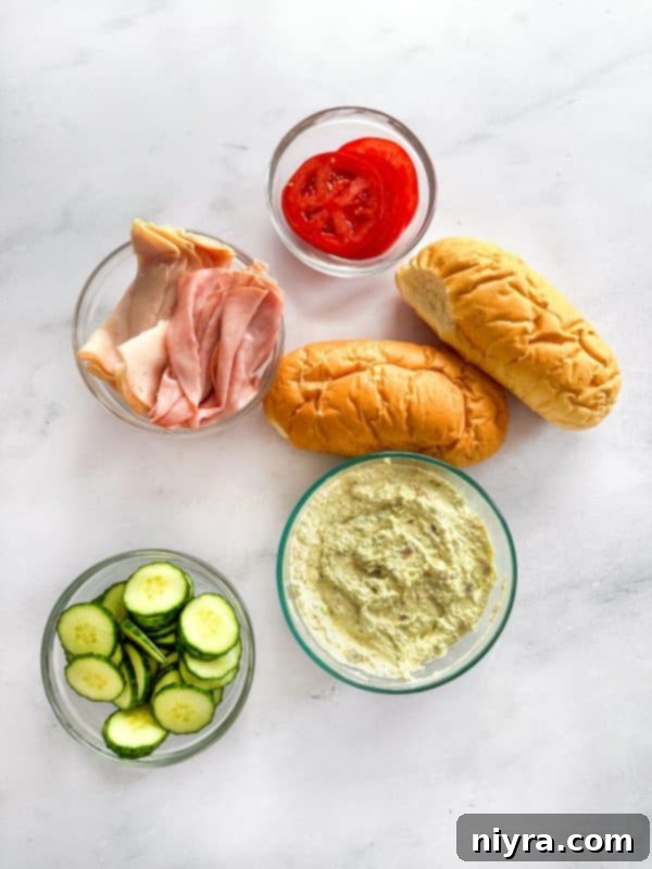 All the fresh ingredients laid out for making the Garden Club Hoagie Sandwich.