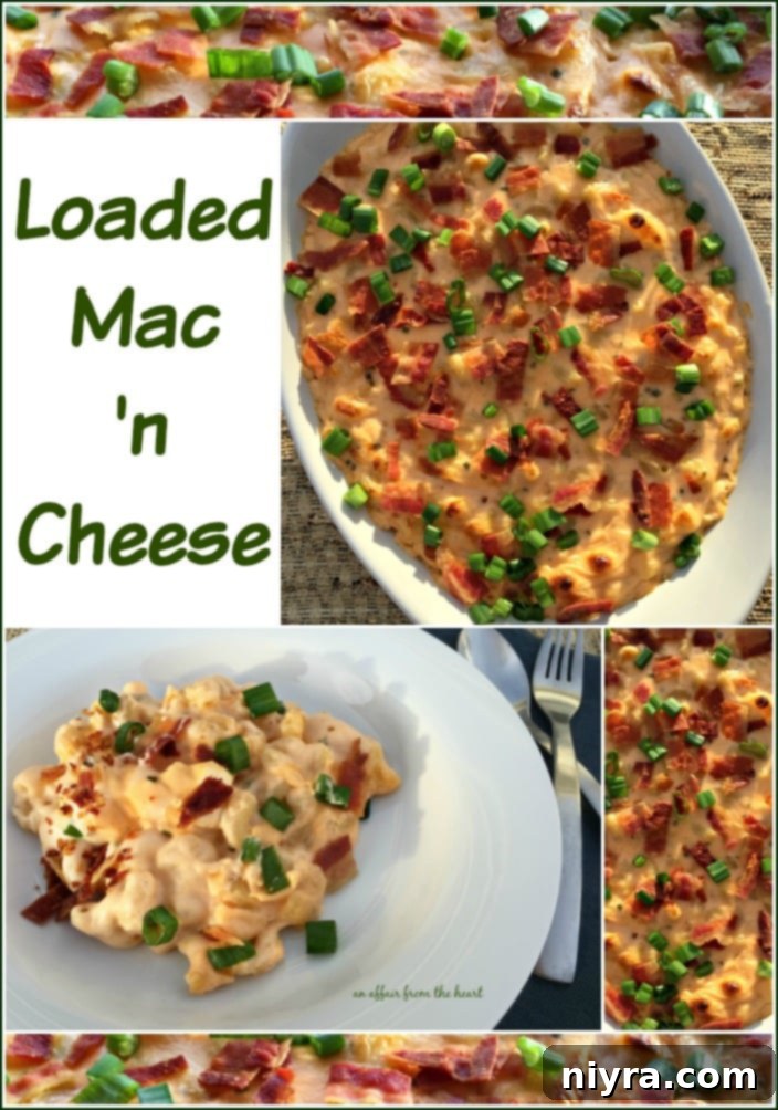 Fully Loaded Mac 'n Cheese 10 Full view of Loaded Mac 'n Cheese on a wooden board