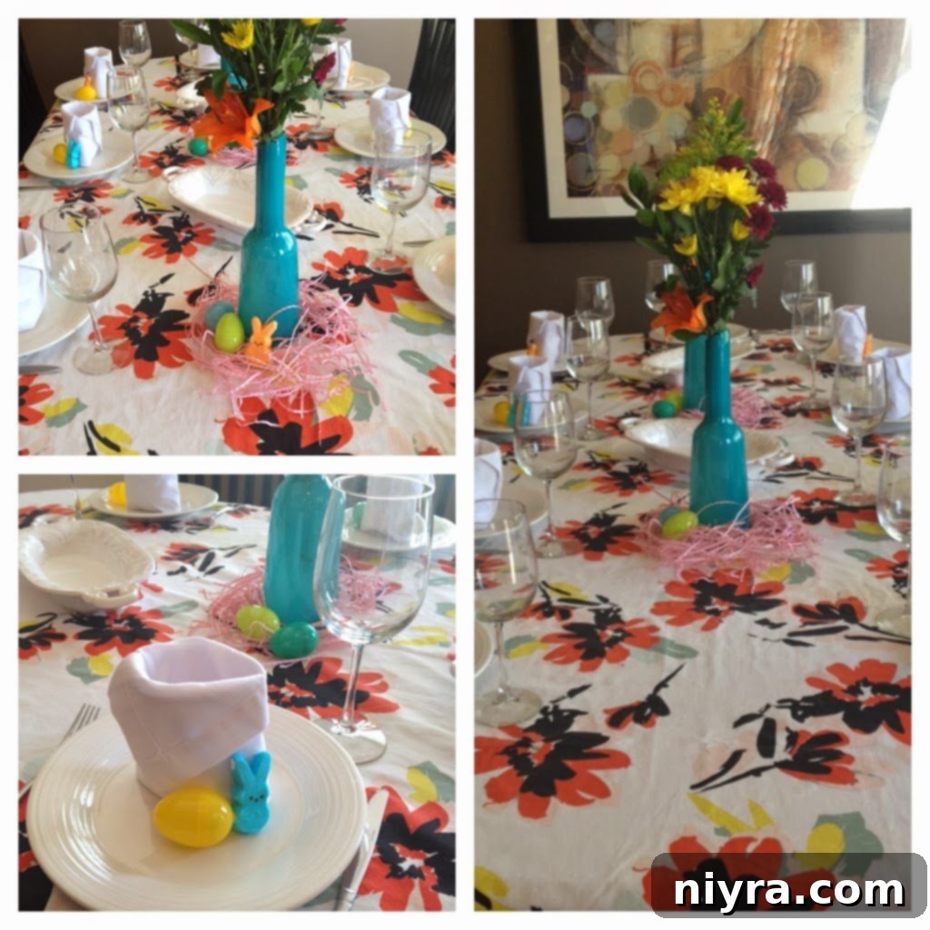 A beautifully set Easter dinner table from 2014, with spring decorations