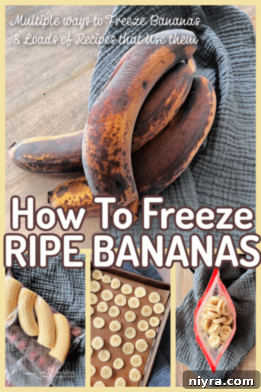 A visual guide summarizing how to freeze bananas in three main ways.