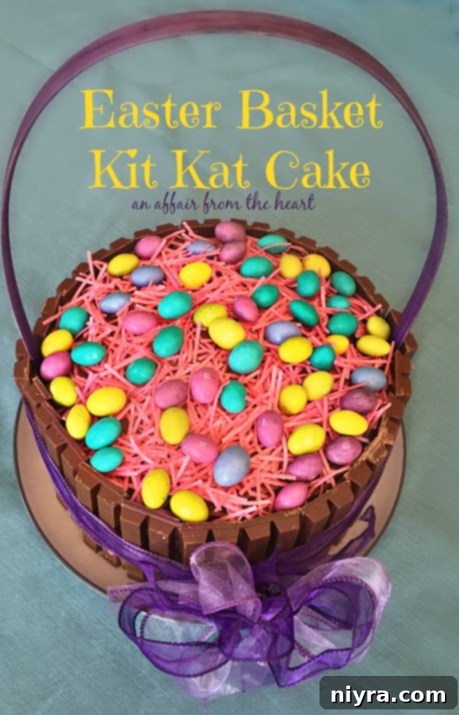 Overhead view of a beautifully decorated Easter Basket Kit Kat Cake with an elegant ribbon and the title text.
