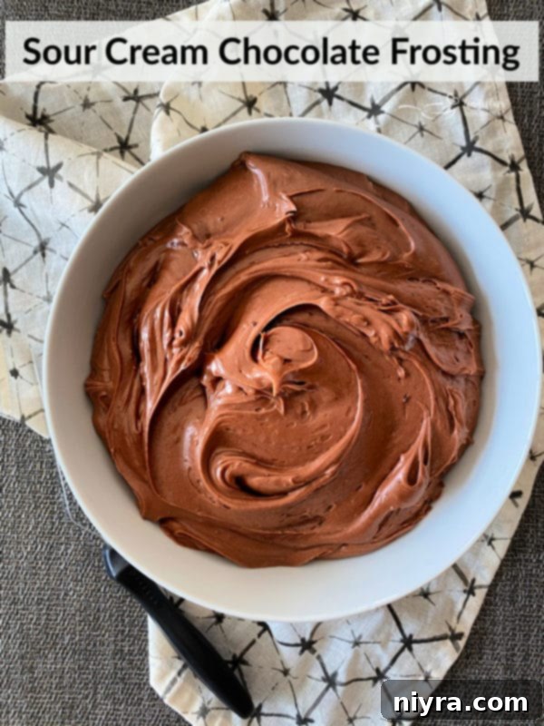A generous swirl of Sour Cream Chocolate Frosting on a cake