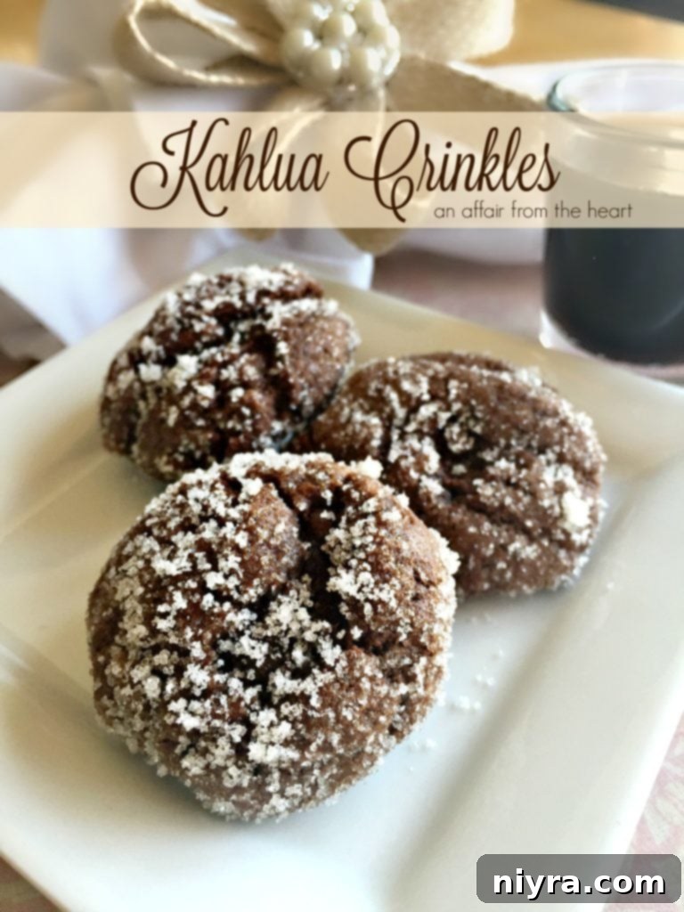 Decadent Kahlua Crinkles 2 Delicious Kahlua Crinkles, a perfect blend of chocolate and coffee flavors