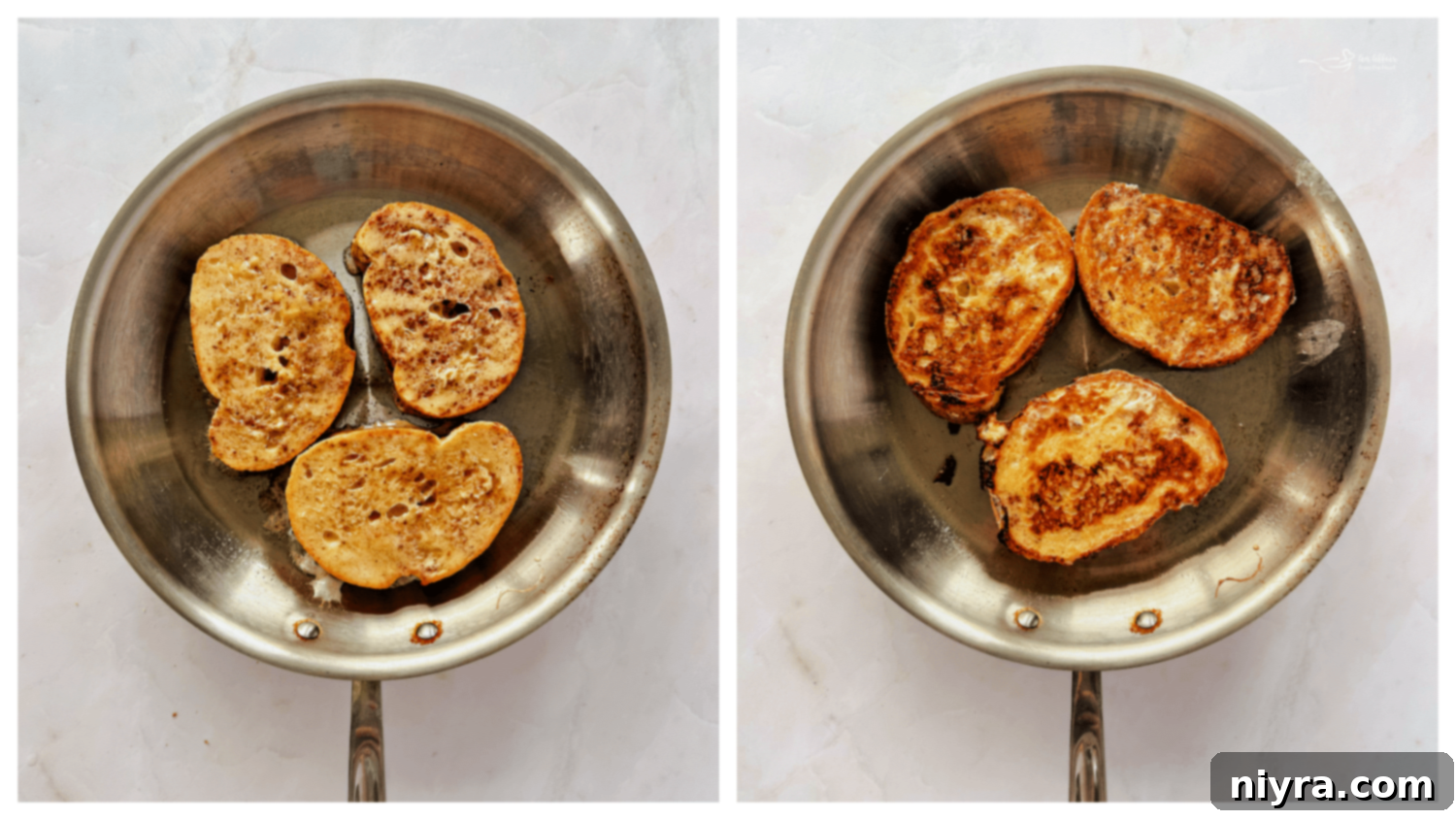 Slices of Italian bread being dipped into the egg and milk mixture in a shallow dish.