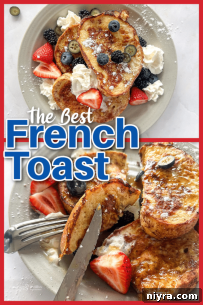 A stack of golden brown French toast with a generous amount of fresh berries, powdered sugar, and whipped cream, ready to eat.