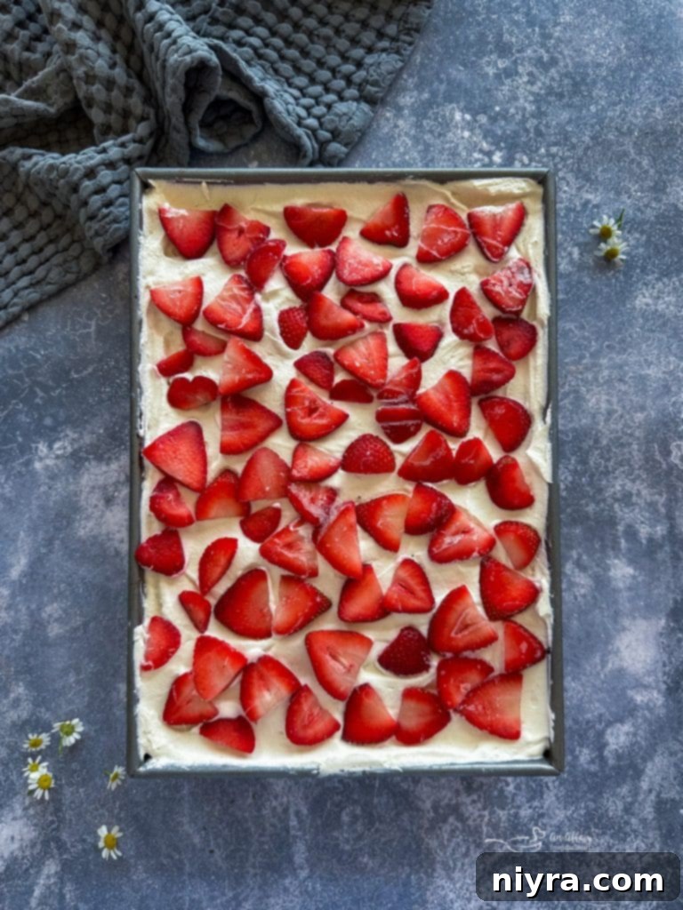 Repeating layers of graham crackers, cream, and strawberries.