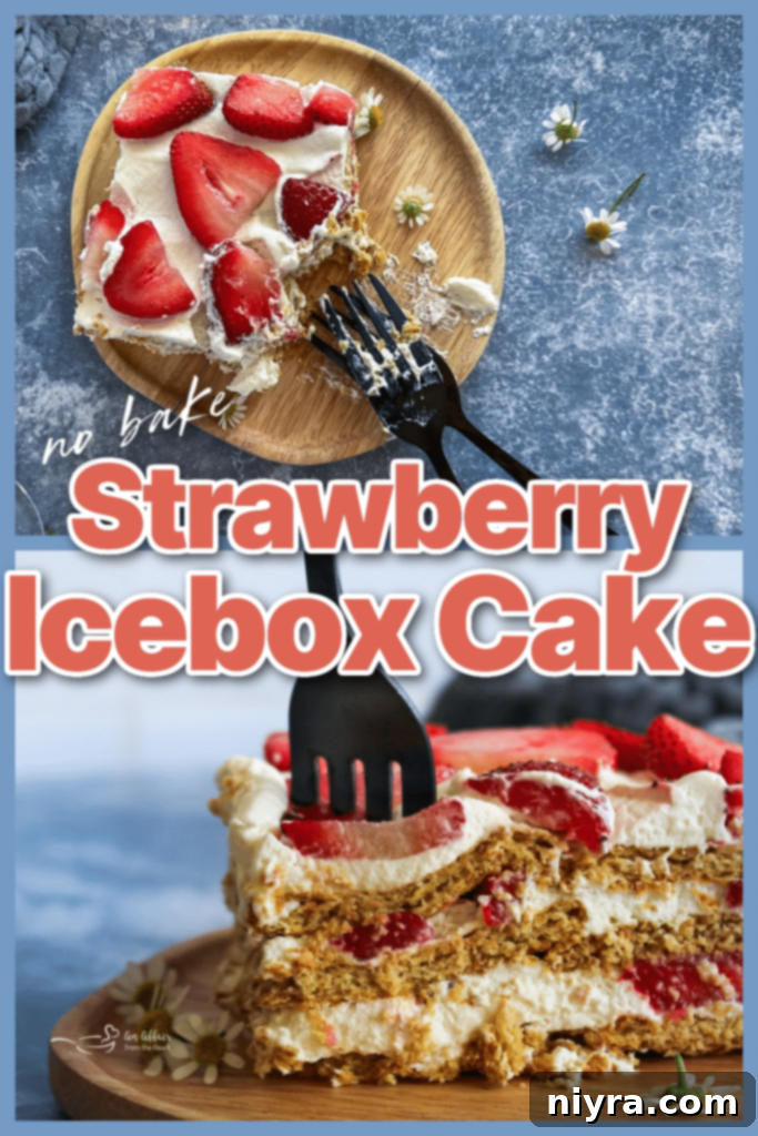 A beautiful slice of Old Fashioned Strawberry Icebox Cake.