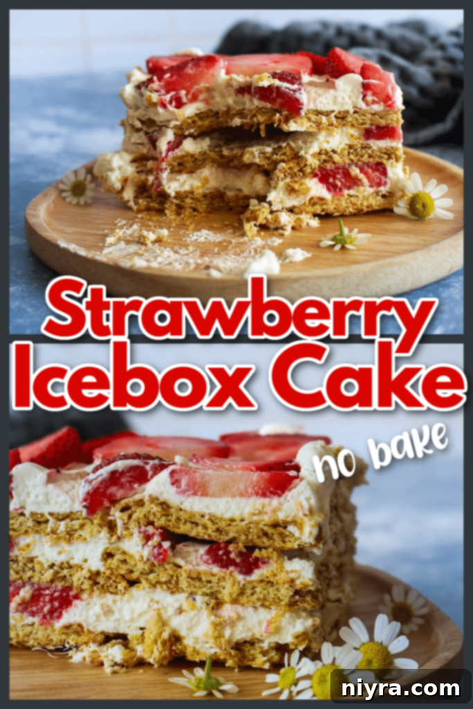 Pin for Strawberry Icebox Cake recipe.