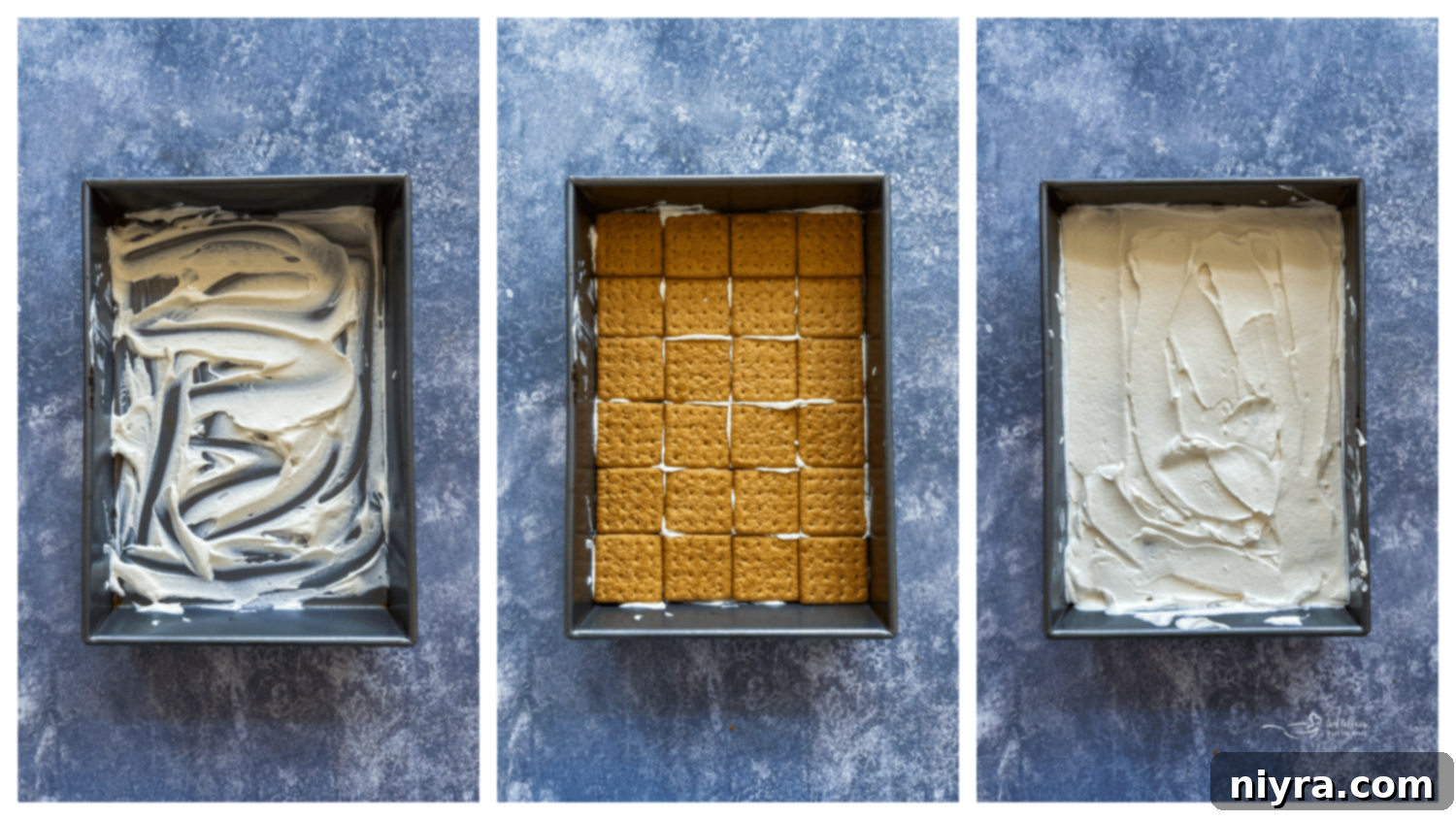 Spreading a thin layer of whipped cream on the bottom of a baking pan.