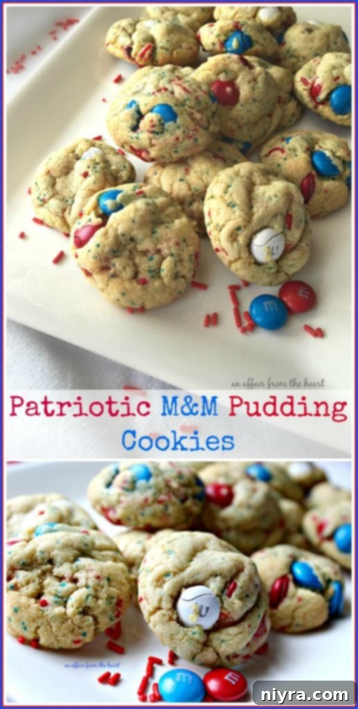 Patriotic M&M Pudding Cookies arranged on a white serving plate, a perfect treat for celebrations