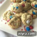 Patriotic M&M Pudding Cookies on a white plate